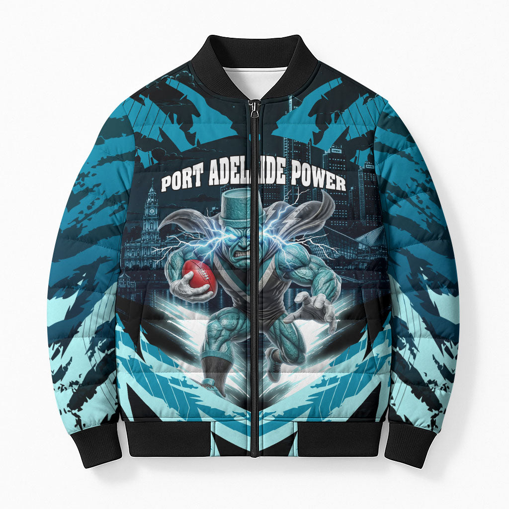 Personalised Port Adelaide Power Football Bomber Puffer Jacket Teal Lightning Mascot Charging Cityscape