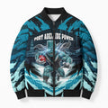 Personalised Port Adelaide Power Football Bomber Puffer Jacket Teal Lightning Mascot Charging Cityscape