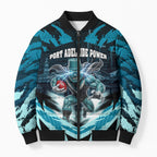 Personalised Port Adelaide Power Football Bomber Puffer Jacket Teal Lightning Mascot Charging Cityscape