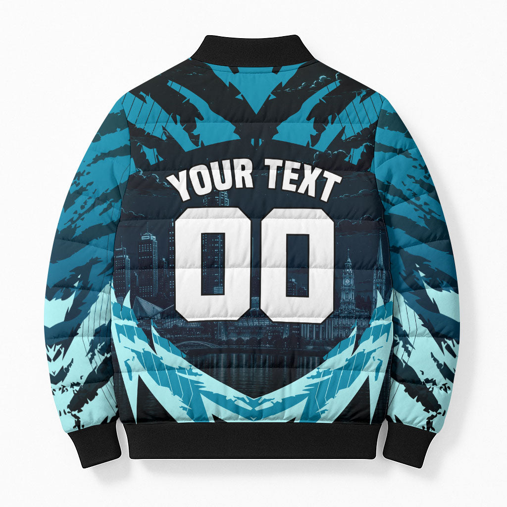 Personalised Port Adelaide Power Football Bomber Puffer Jacket Teal Lightning Mascot Charging Cityscape