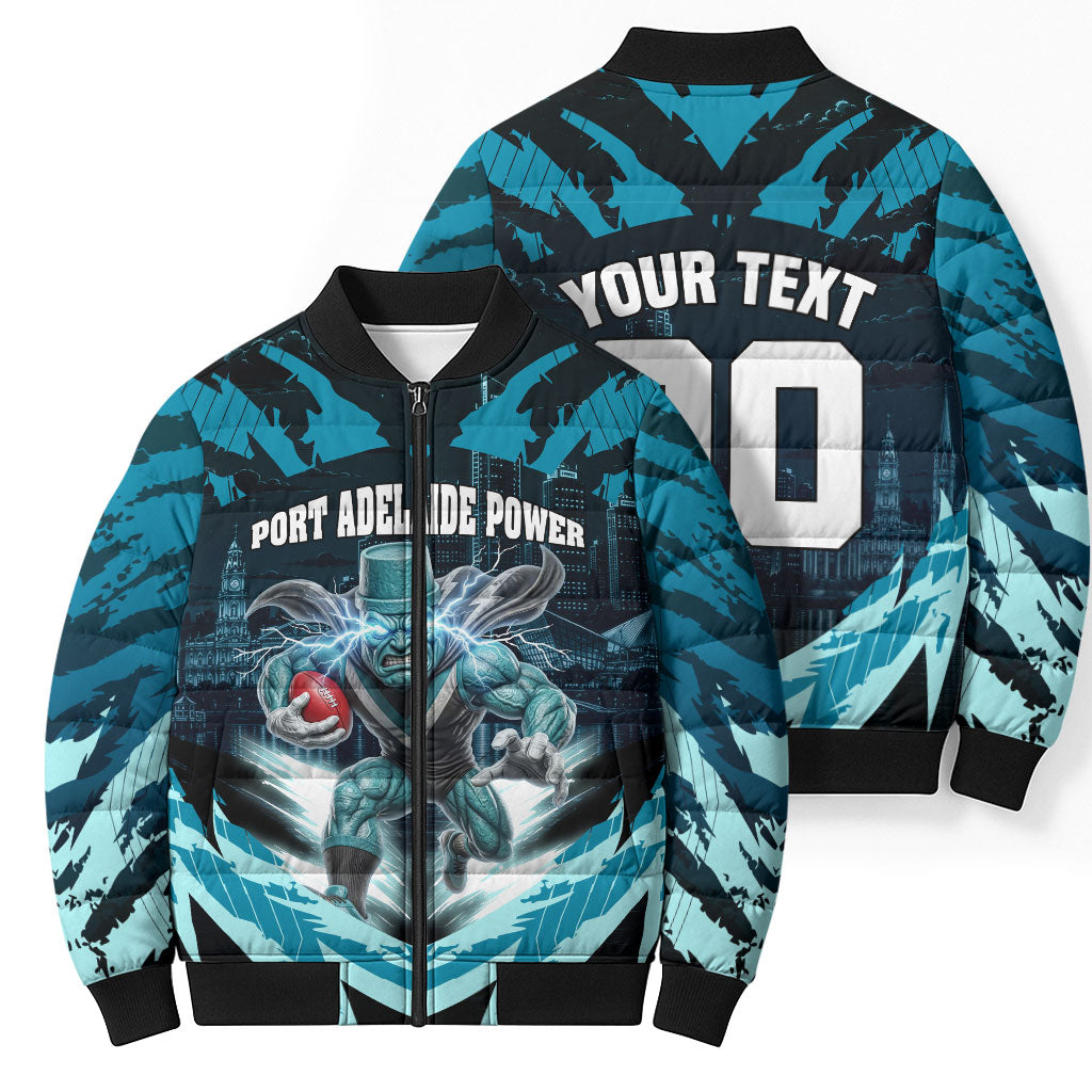 Personalised Port Adelaide Power Football Bomber Puffer Jacket Teal Lightning Mascot Charging Cityscape