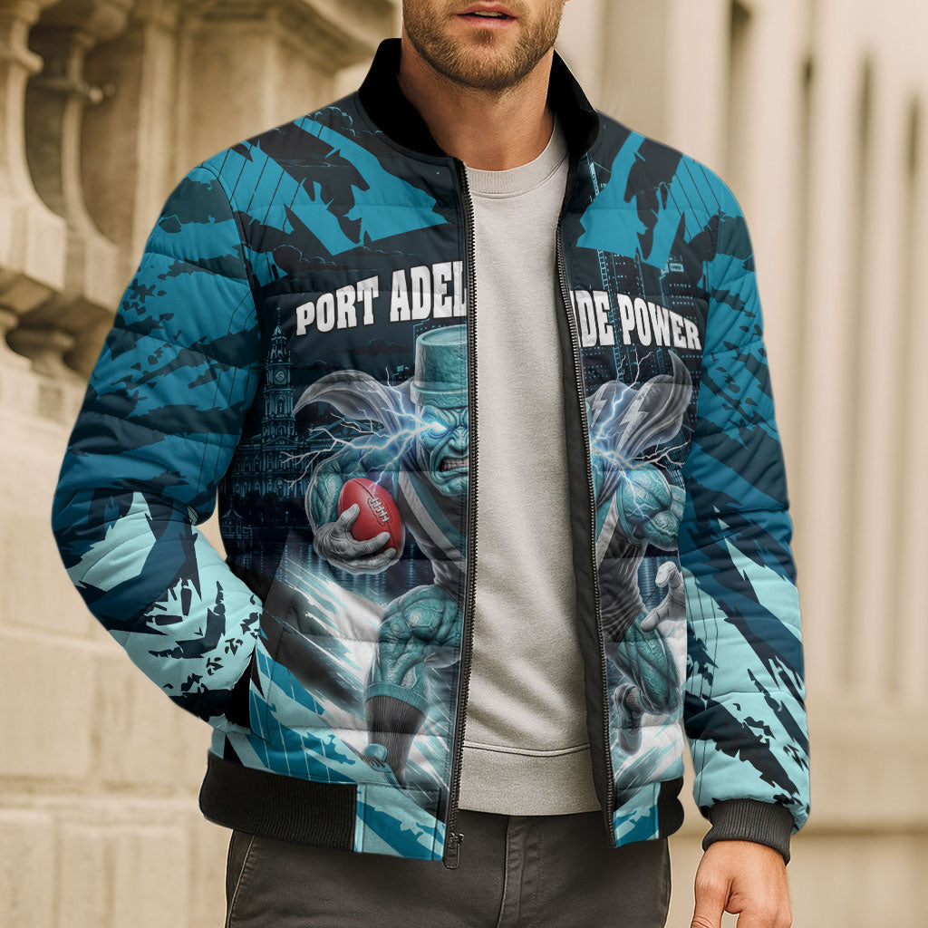 Personalised Port Adelaide Power Football Bomber Puffer Jacket Teal Lightning Mascot Charging Cityscape