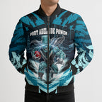 Personalised Port Adelaide Power Football Bomber Puffer Jacket Teal Lightning Mascot Charging Cityscape