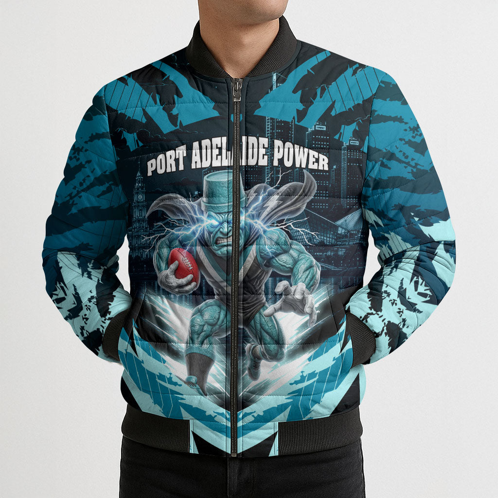 Personalised Port Adelaide Power Football Bomber Puffer Jacket Teal Lightning Mascot Charging Cityscape
