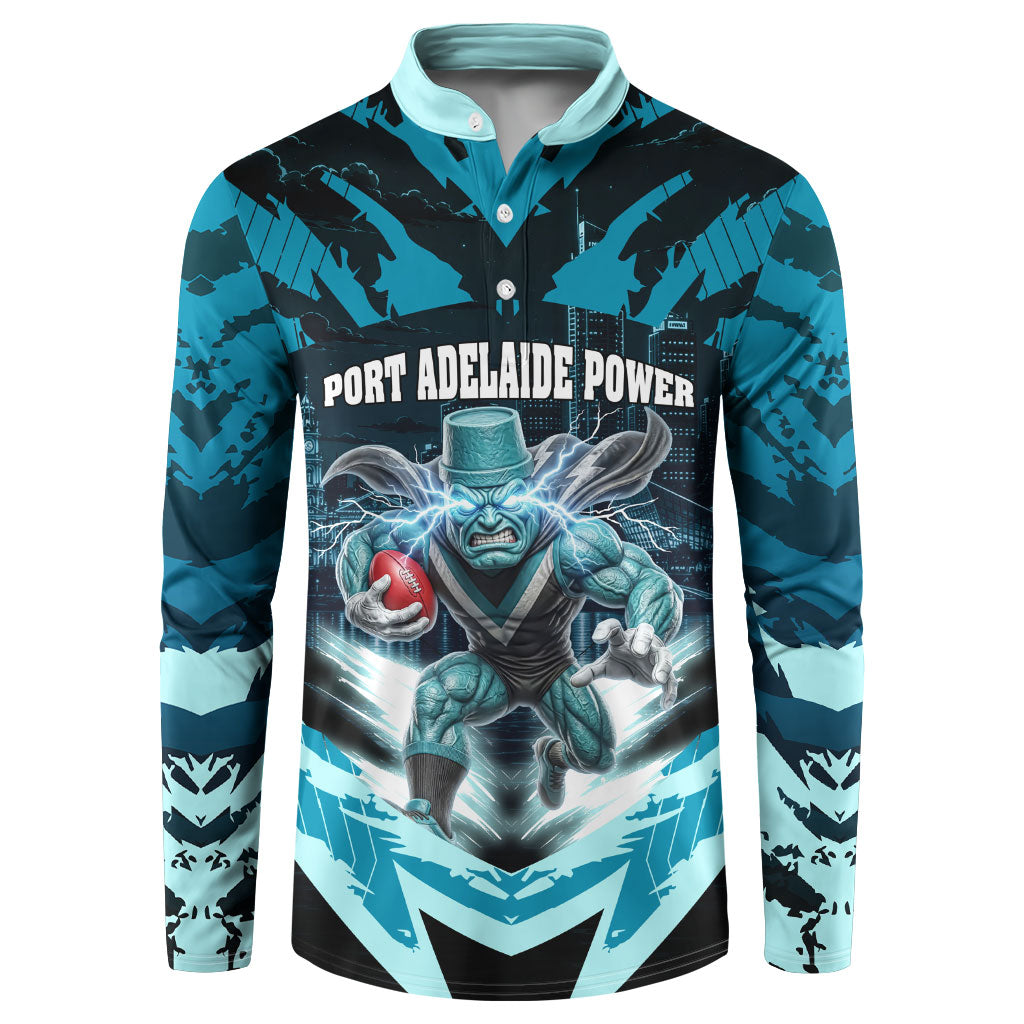 Personalised Port Adelaide Power Football Button Sweatshirt Teal Lightning Mascot Charging Cityscape