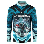 Personalised Port Adelaide Power Football Button Sweatshirt Teal Lightning Mascot Charging Cityscape