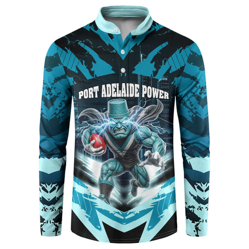 Personalised Port Adelaide Power Football Button Sweatshirt Teal Lightning Mascot Charging Cityscape