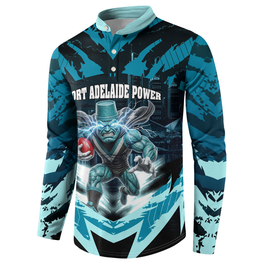 Personalised Port Adelaide Power Football Button Sweatshirt Teal Lightning Mascot Charging Cityscape