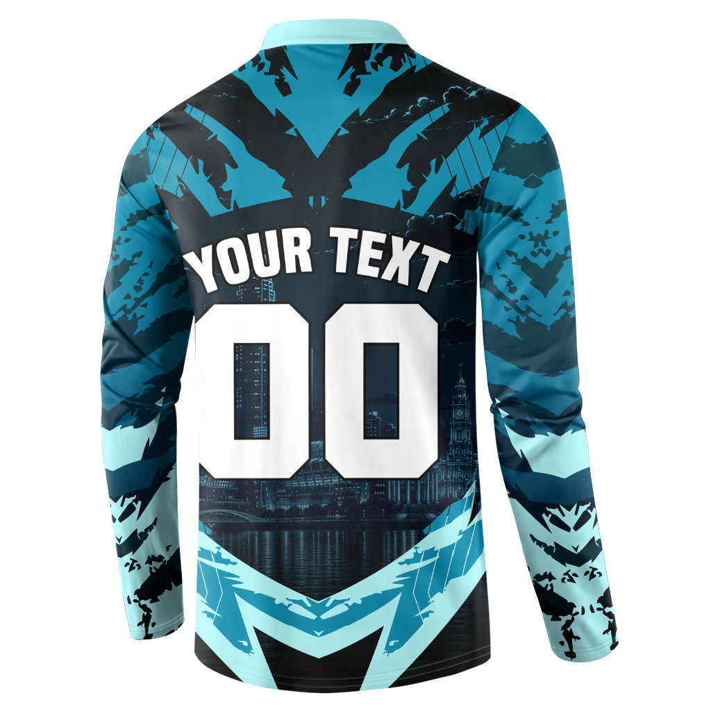 Personalised Port Adelaide Power Football Button Sweatshirt Teal Lightning Mascot Charging Cityscape