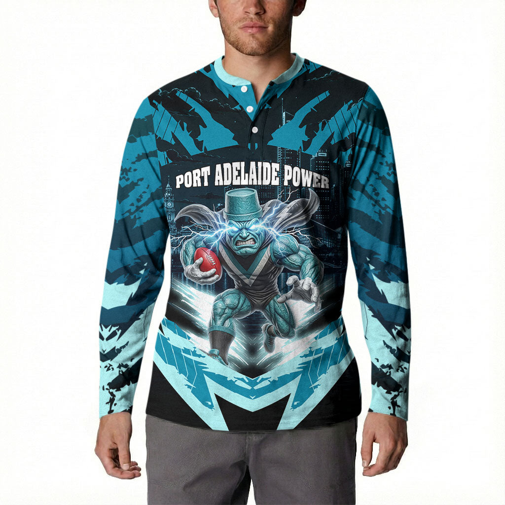 Personalised Port Adelaide Power Football Button Sweatshirt Teal Lightning Mascot Charging Cityscape