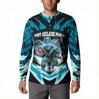 Personalised Port Adelaide Power Football Button Sweatshirt Teal Lightning Mascot Charging Cityscape