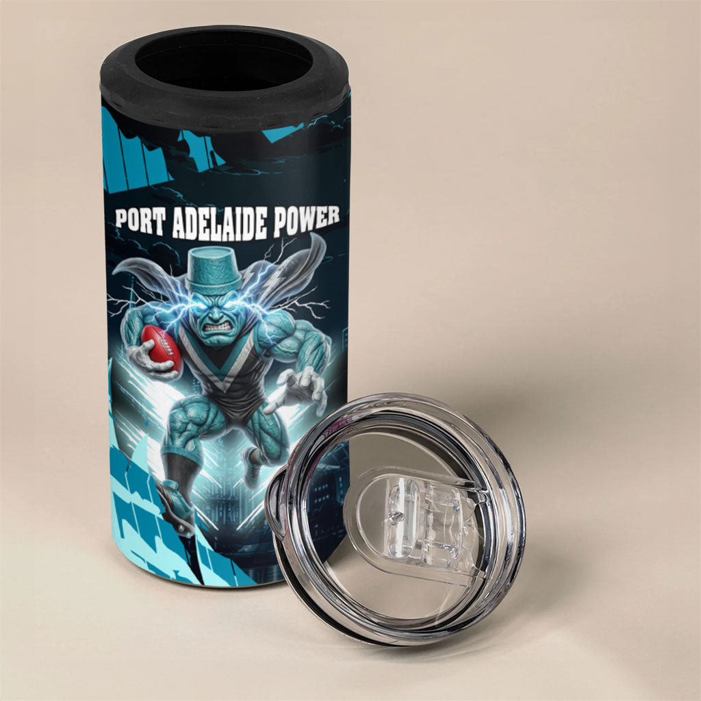 Personalised Port Adelaide Power Football 4 in 1 Can Cooler Tumbler Teal Lightning Mascot Charging Cityscape