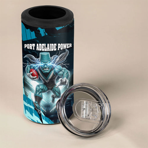 Personalised Port Adelaide Power Football 4 in 1 Can Cooler Tumbler Teal Lightning Mascot Charging Cityscape