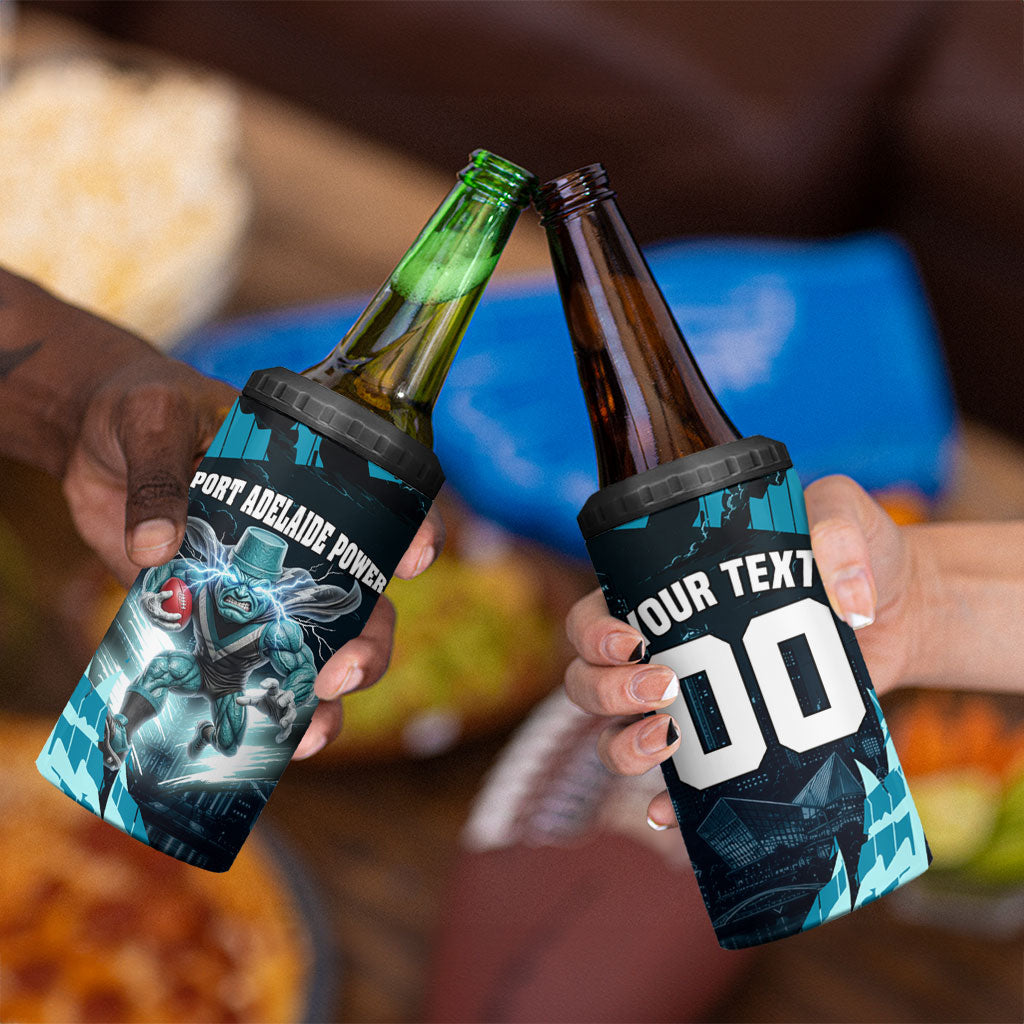 Personalised Port Adelaide Power Football 4 in 1 Can Cooler Tumbler Teal Lightning Mascot Charging Cityscape