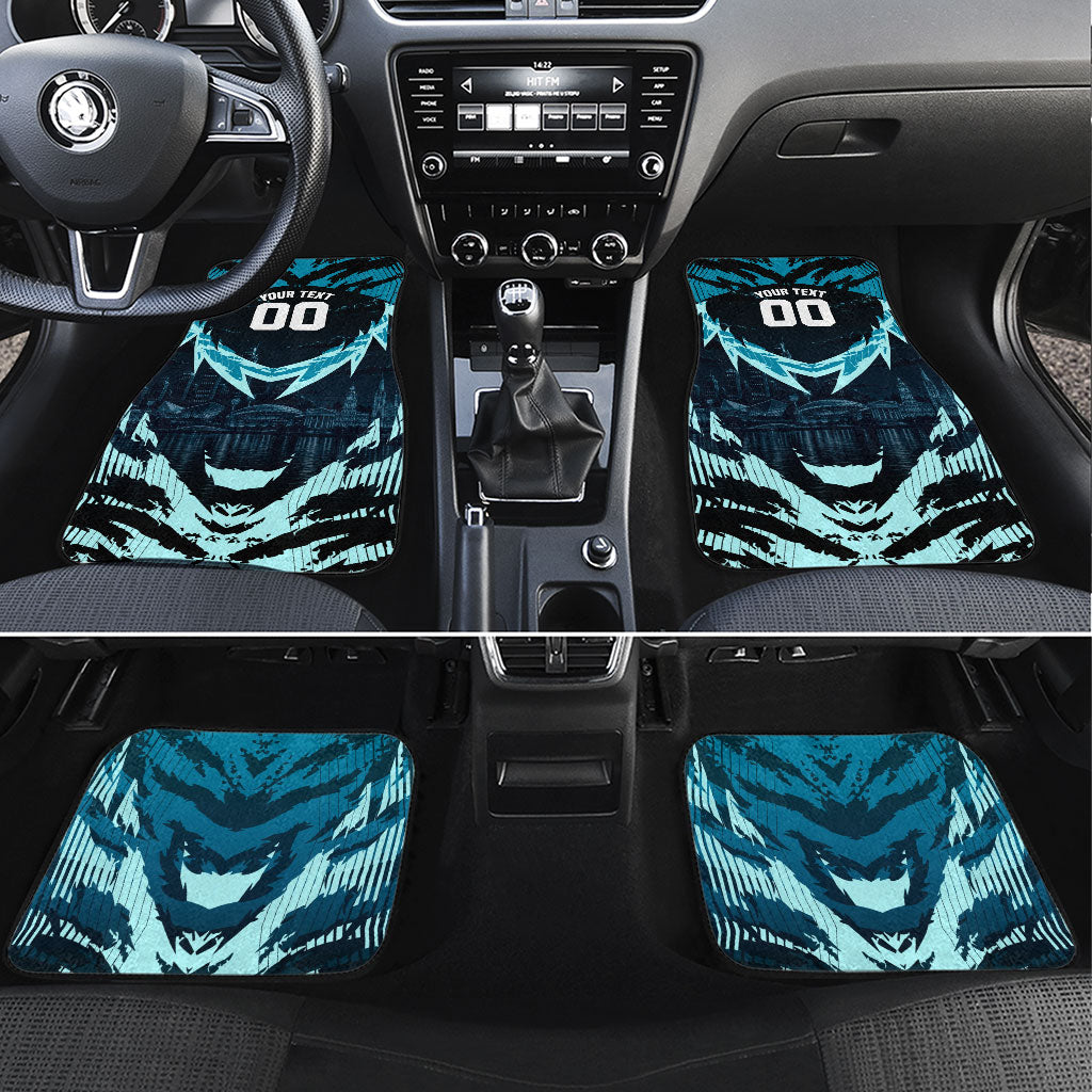 Personalised Port Adelaide Power Football Car Mats Teal Lightning Mascot Charging Cityscape