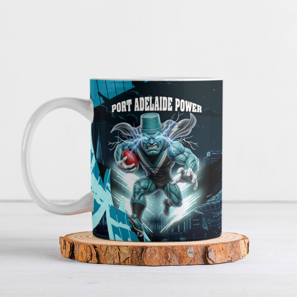 Personalised Port Adelaide Power Football Ceramic Mug Teal Lightning Mascot Charging Cityscape