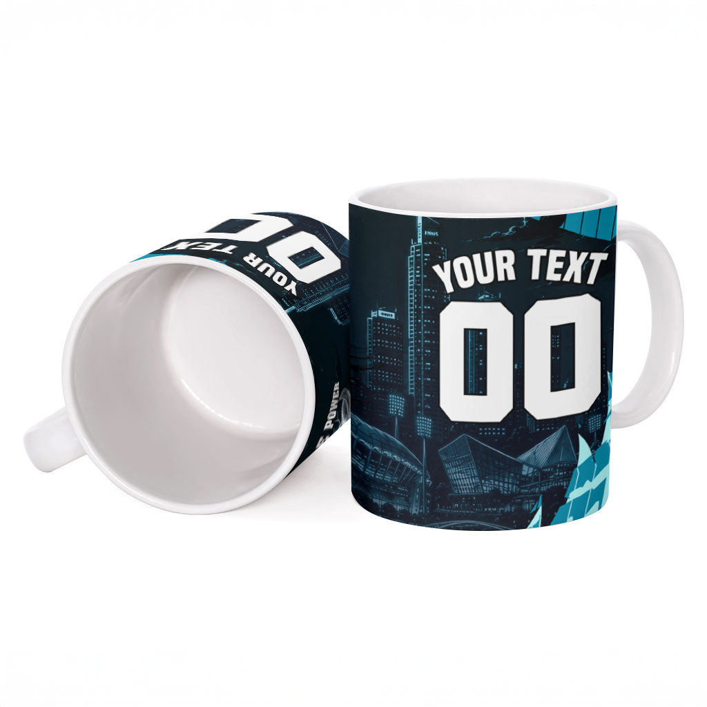 Personalised Port Adelaide Power Football Ceramic Mug Teal Lightning Mascot Charging Cityscape