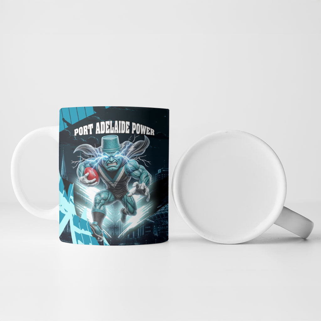 Personalised Port Adelaide Power Football Ceramic Mug Teal Lightning Mascot Charging Cityscape