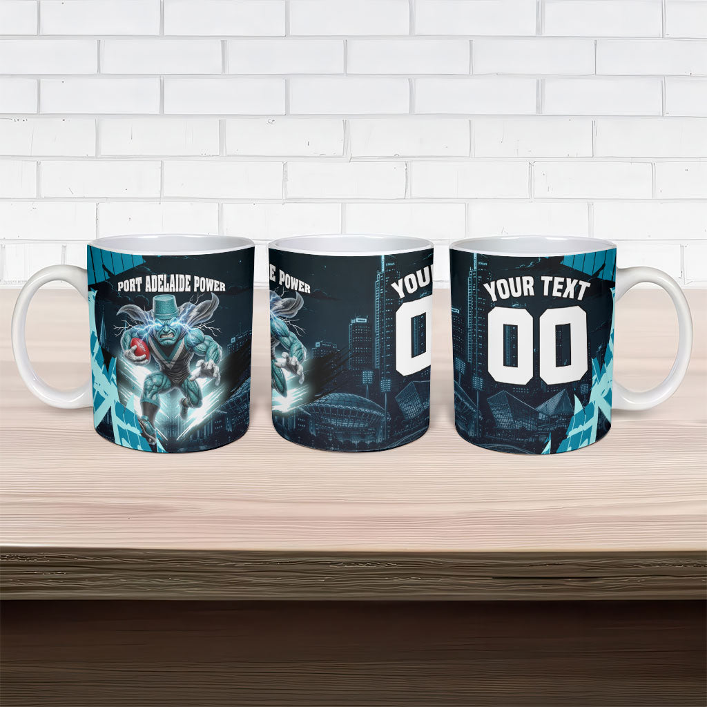 Personalised Port Adelaide Power Football Ceramic Mug Teal Lightning Mascot Charging Cityscape