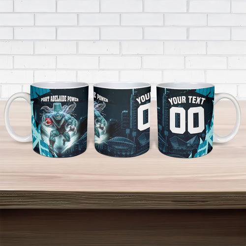 Personalised Port Adelaide Power Football Ceramic Mug Teal Lightning Mascot Charging Cityscape