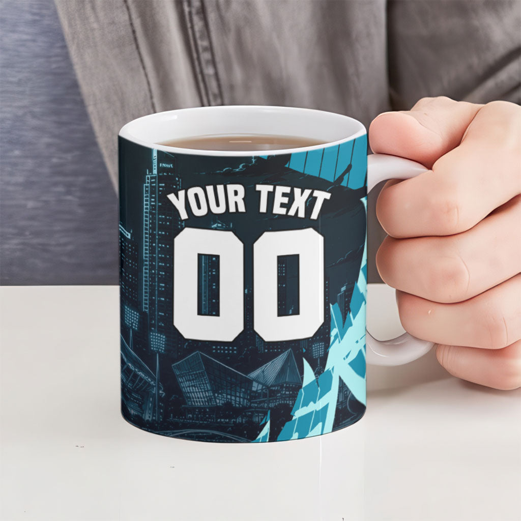 Personalised Port Adelaide Power Football Ceramic Mug Teal Lightning Mascot Charging Cityscape