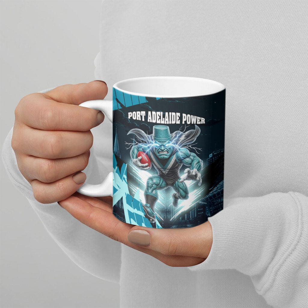 Personalised Port Adelaide Power Football Ceramic Mug Teal Lightning Mascot Charging Cityscape