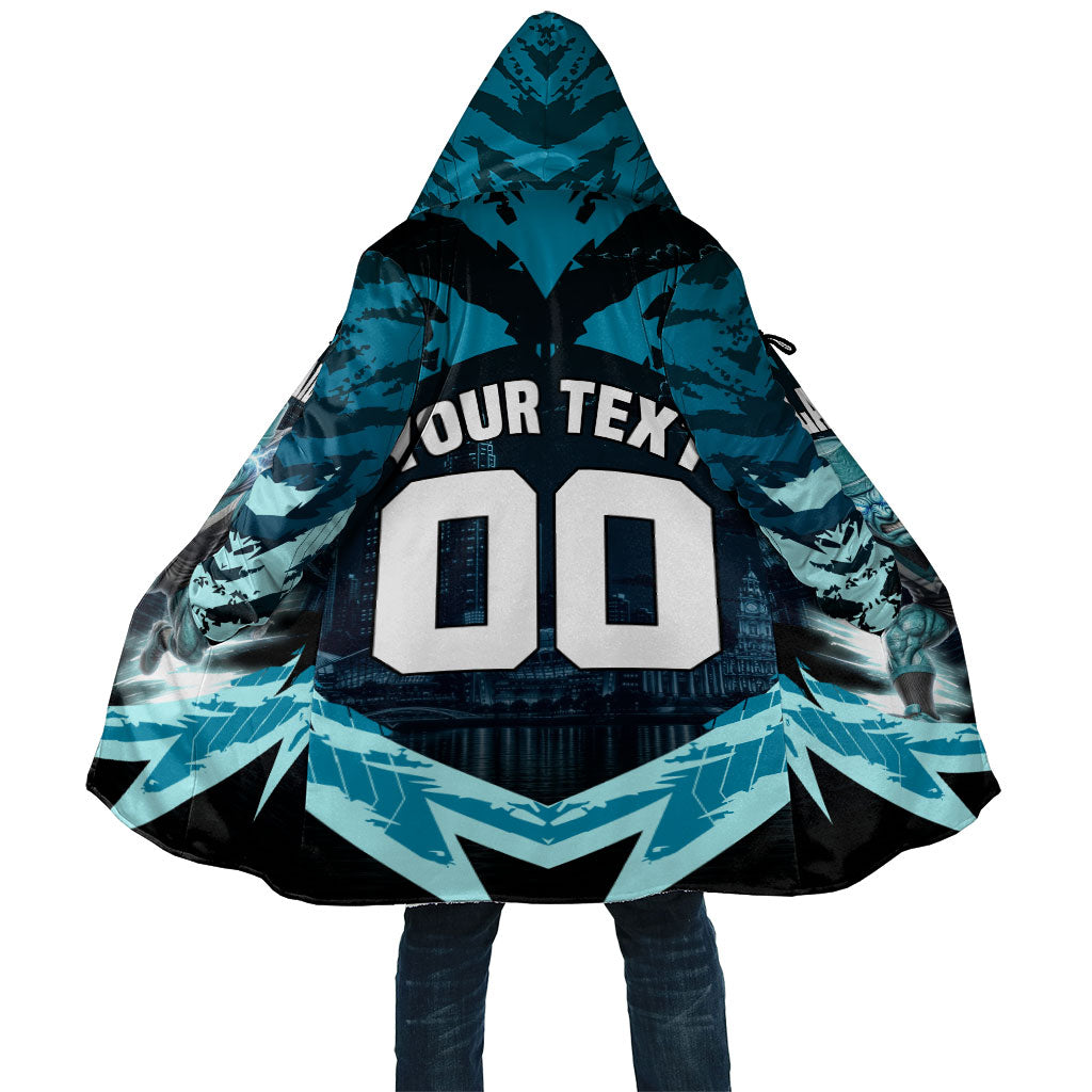 Personalised Port Adelaide Power Football Cloak Teal Lightning Mascot Charging Cityscape
