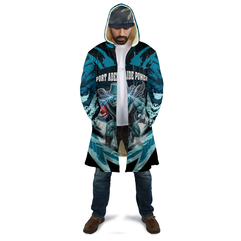 Personalised Port Adelaide Power Football Cloak Teal Lightning Mascot Charging Cityscape
