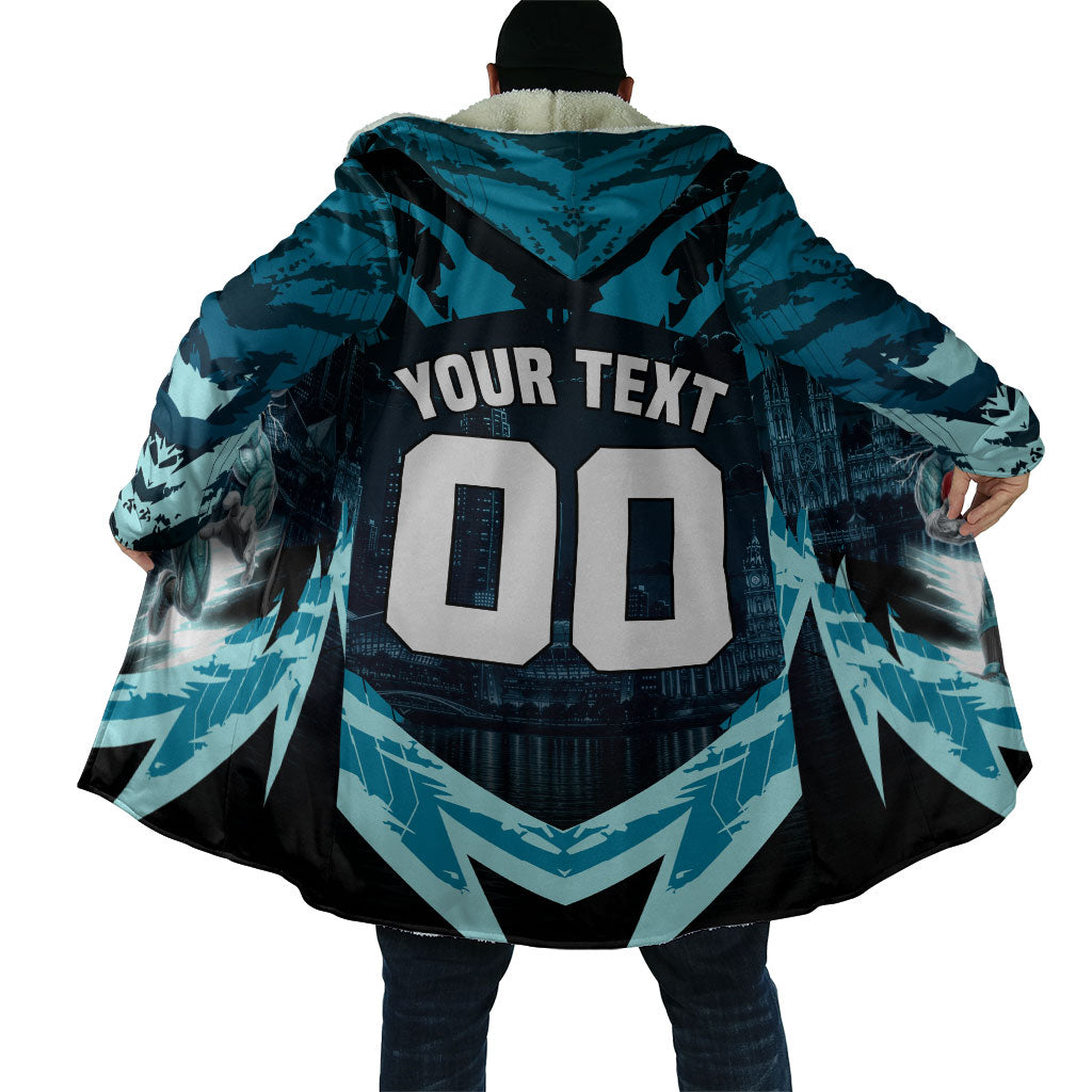 Personalised Port Adelaide Power Football Cloak Teal Lightning Mascot Charging Cityscape