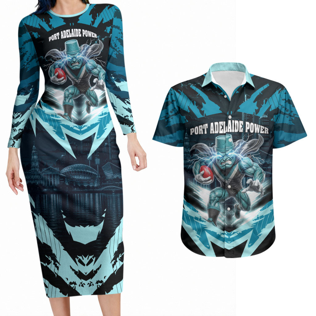 Personalised Port Adelaide Power Football Couples Matching Long Sleeve Bodycon Dress and Hawaiian Shirt Teal Lightning Mascot Charging Cityscape