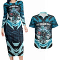 Personalised Port Adelaide Power Football Couples Matching Long Sleeve Bodycon Dress and Hawaiian Shirt Teal Lightning Mascot Charging Cityscape
