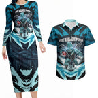 Personalised Port Adelaide Power Football Couples Matching Long Sleeve Bodycon Dress and Hawaiian Shirt Teal Lightning Mascot Charging Cityscape