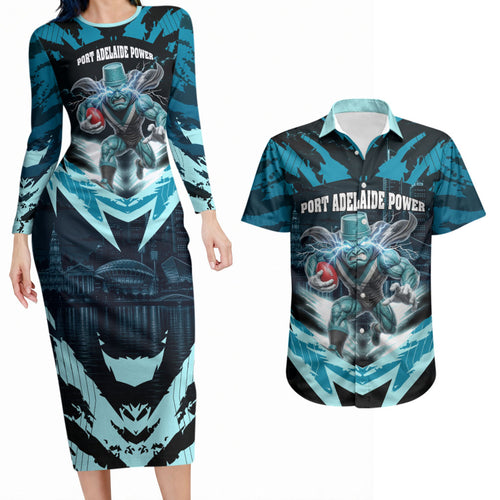 Personalised Port Adelaide Power Football Couples Matching Long Sleeve Bodycon Dress and Hawaiian Shirt Teal Lightning Mascot Charging Cityscape