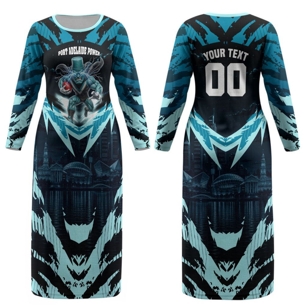 Personalised Port Adelaide Power Football Couples Matching Long Sleeve Bodycon Dress and Hawaiian Shirt Teal Lightning Mascot Charging Cityscape