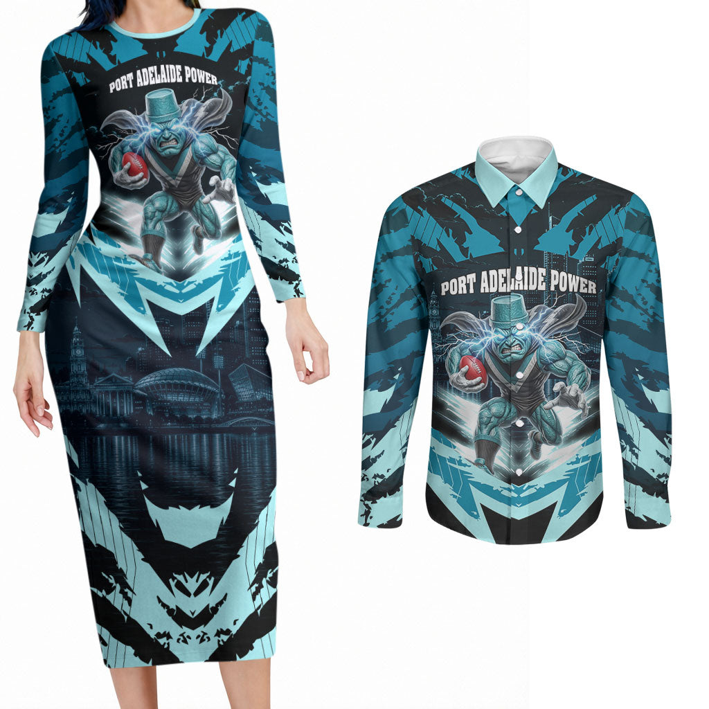 Personalised Port Adelaide Power Football Couples Matching Long Sleeve Bodycon Dress and Long Sleeve Button Shirt Teal Lightning Mascot Charging Cityscape
