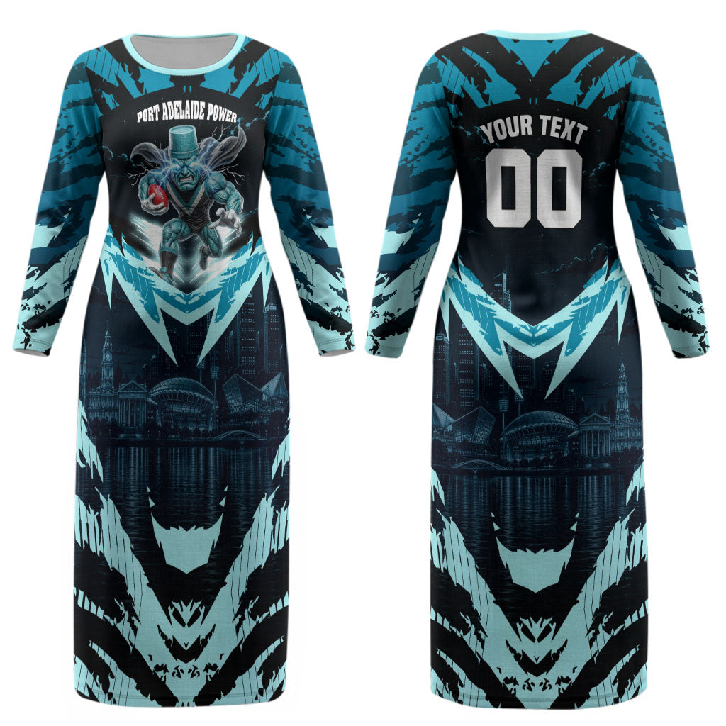 Personalised Port Adelaide Power Football Couples Matching Long Sleeve Bodycon Dress and Long Sleeve Button Shirt Teal Lightning Mascot Charging Cityscape