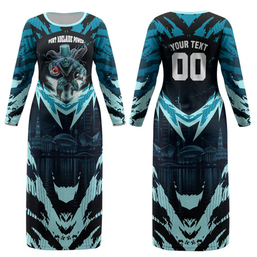 Personalised Port Adelaide Power Football Couples Matching Long Sleeve Bodycon Dress and Long Sleeve Button Shirt Teal Lightning Mascot Charging Cityscape