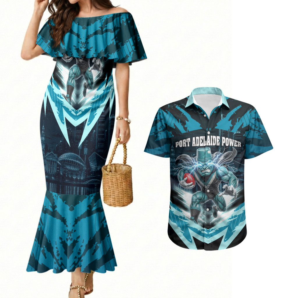 Personalised Port Adelaide Power Football Couples Matching Mermaid Dress and Hawaiian Shirt Teal Lightning Mascot Charging Cityscape