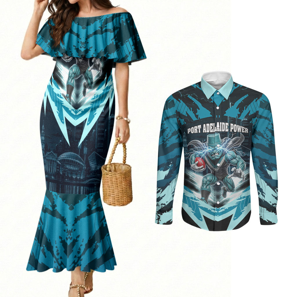 Personalised Port Adelaide Power Football Couples Matching Mermaid Dress and Long Sleeve Button Shirt Teal Lightning Mascot Charging Cityscape