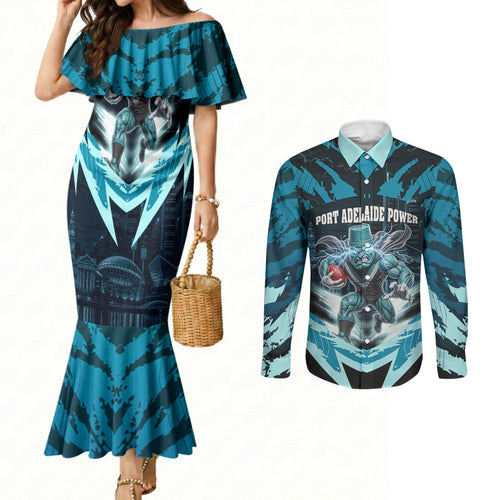Personalised Port Adelaide Power Football Couples Matching Mermaid Dress and Long Sleeve Button Shirt Teal Lightning Mascot Charging Cityscape