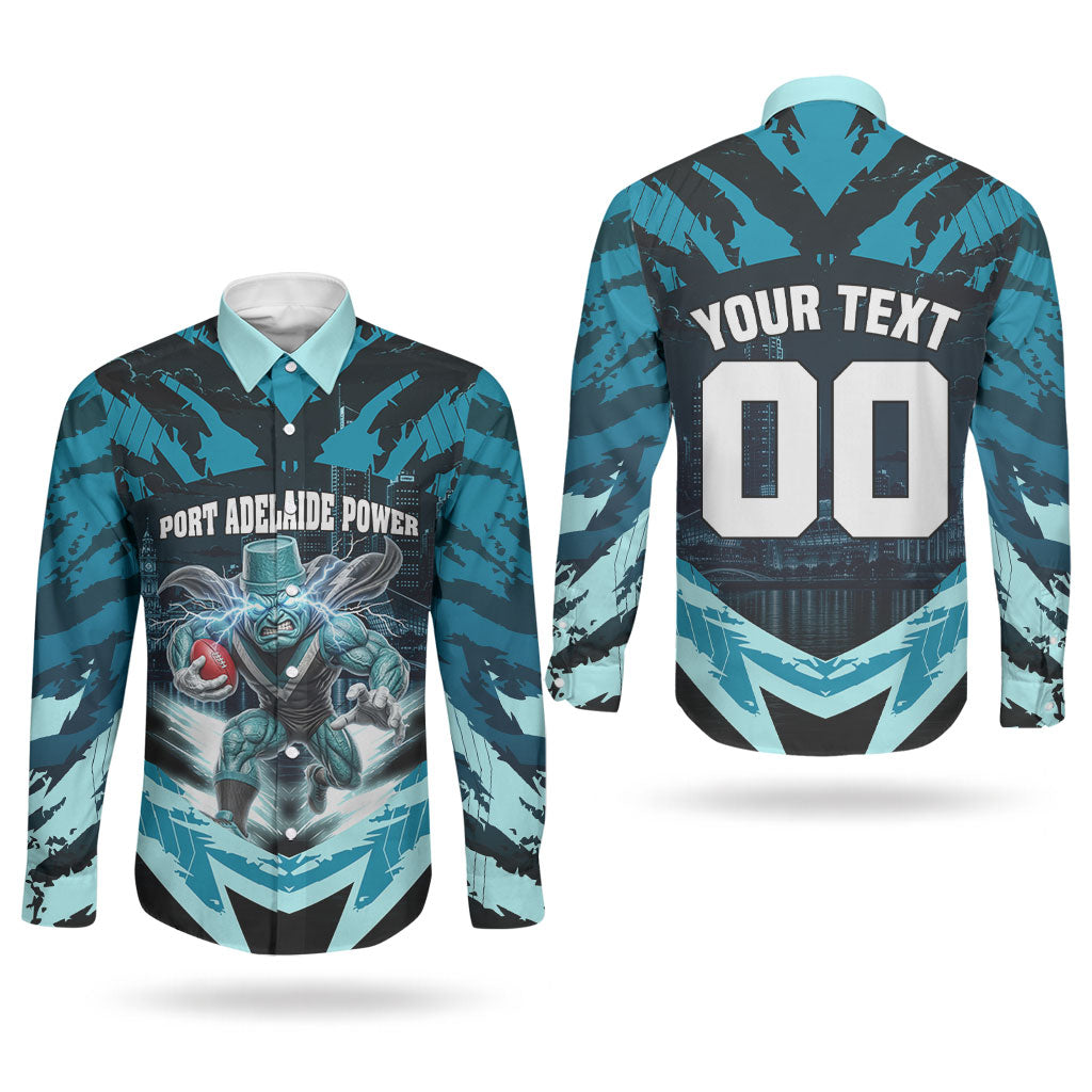 Personalised Port Adelaide Power Football Couples Matching Mermaid Dress and Long Sleeve Button Shirt Teal Lightning Mascot Charging Cityscape