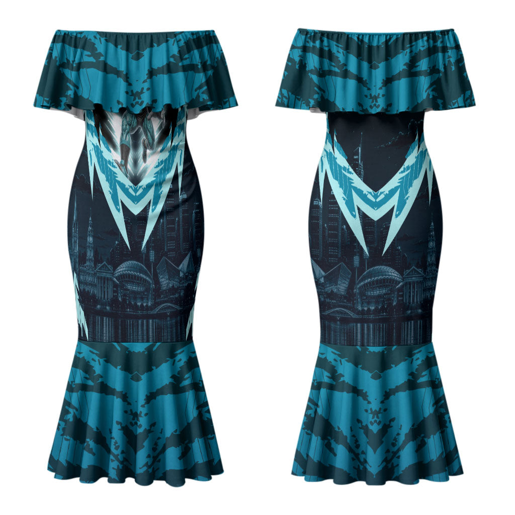 Personalised Port Adelaide Power Football Couples Matching Mermaid Dress and Long Sleeve Button Shirt Teal Lightning Mascot Charging Cityscape