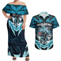 Personalised Port Adelaide Power Football Couples Matching Off Shoulder Maxi Dress and Hawaiian Shirt Teal Lightning Mascot Charging Cityscape