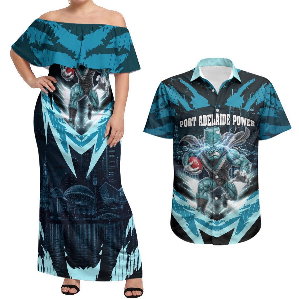 Personalised Port Adelaide Power Football Couples Matching Off Shoulder Maxi Dress and Hawaiian Shirt Teal Lightning Mascot Charging Cityscape