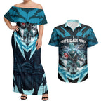 Personalised Port Adelaide Power Football Couples Matching Off Shoulder Maxi Dress and Hawaiian Shirt Teal Lightning Mascot Charging Cityscape