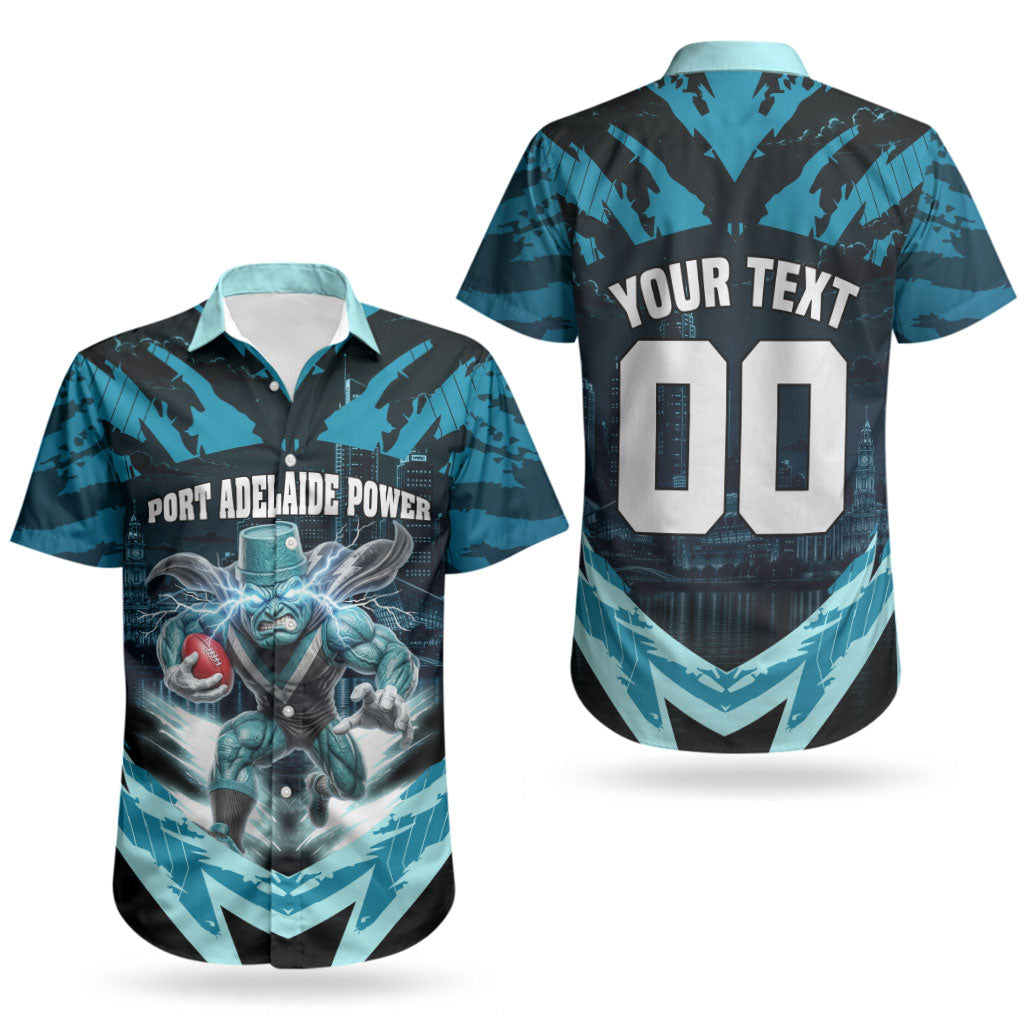 Personalised Port Adelaide Power Football Couples Matching Off Shoulder Maxi Dress and Hawaiian Shirt Teal Lightning Mascot Charging Cityscape