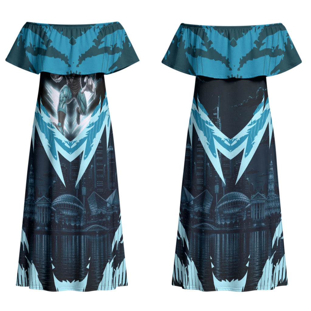 Personalised Port Adelaide Power Football Couples Matching Off Shoulder Maxi Dress and Hawaiian Shirt Teal Lightning Mascot Charging Cityscape