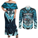Personalised Port Adelaide Power Football Couples Matching Off Shoulder Maxi Dress and Long Sleeve Button Shirt Teal Lightning Mascot Charging Cityscape