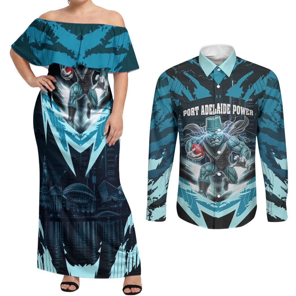 Personalised Port Adelaide Power Football Couples Matching Off Shoulder Maxi Dress and Long Sleeve Button Shirt Teal Lightning Mascot Charging Cityscape