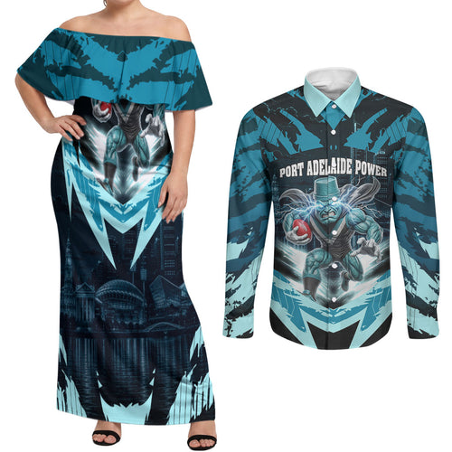 Personalised Port Adelaide Power Football Couples Matching Off Shoulder Maxi Dress and Long Sleeve Button Shirt Teal Lightning Mascot Charging Cityscape